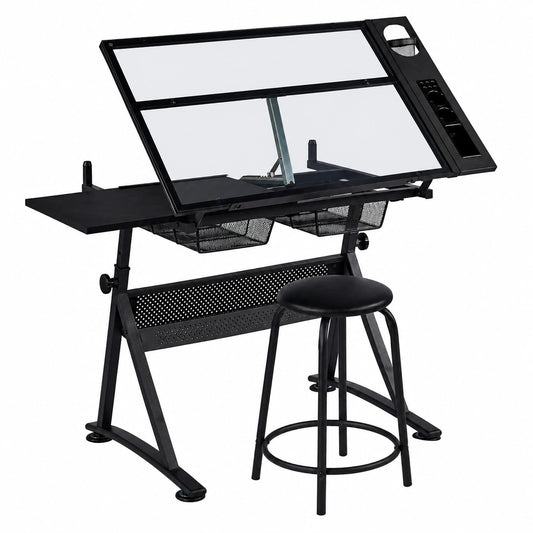 Bureau, réglable, avec rangement, avec tiroirs, en verre, 141 x 60 x 91 cm, pour l’espace de travail